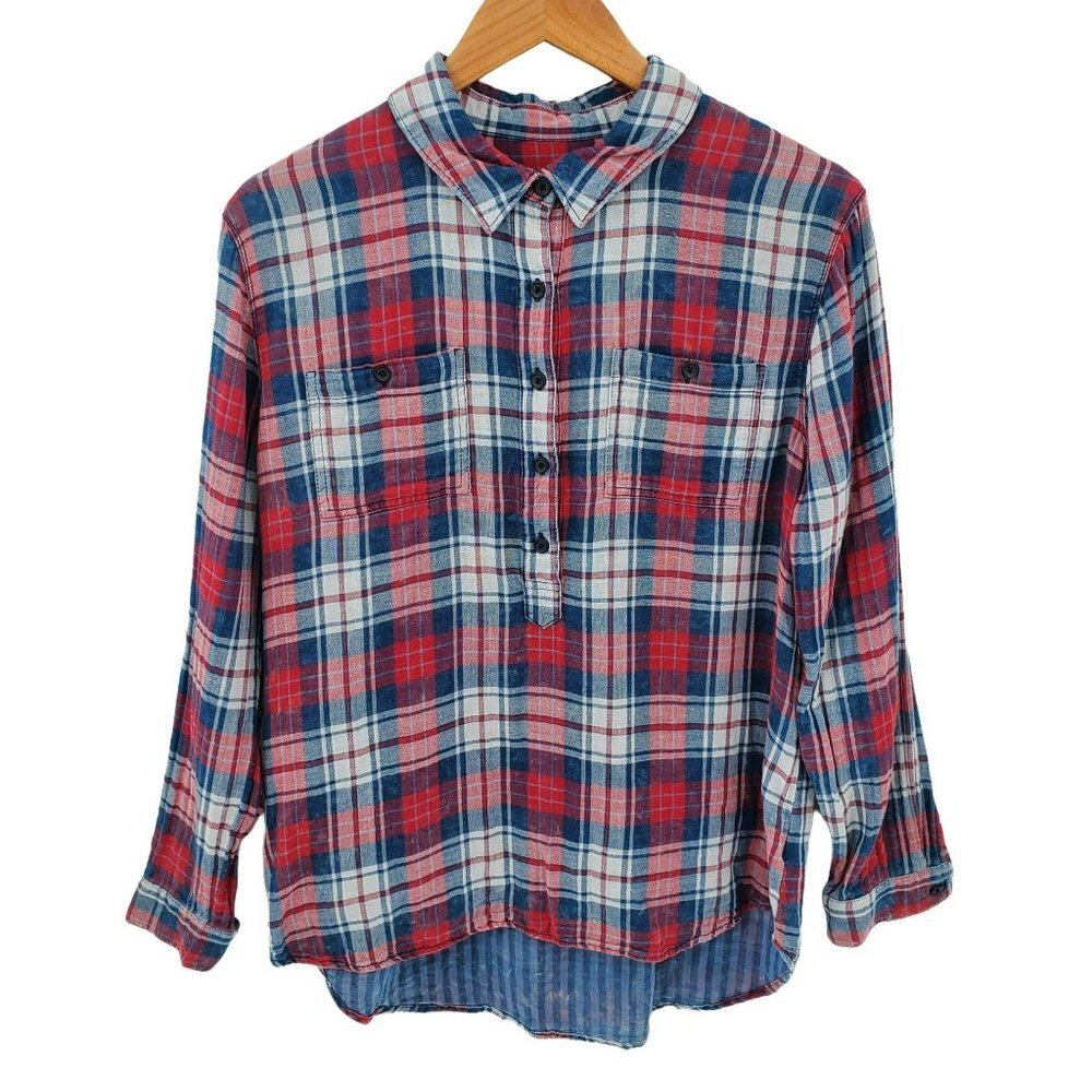 BeachLunchLounge Womens Plaid Half Button Long Sleeve Shirt Sz M 100% Cotton